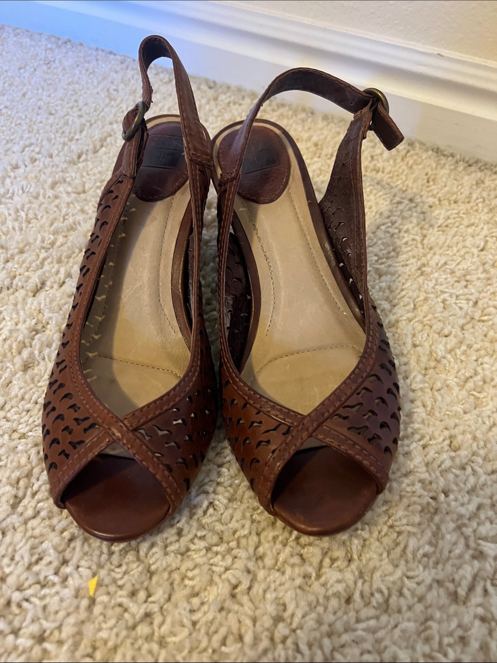 Frye Brown Leather Perforated Slingback Peep-Toe Mules